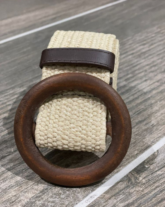 Cream Wooden Buckle Weave Belt  
