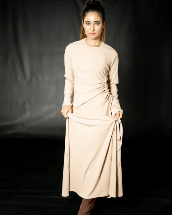 BEIGE SIDE DRAW STRING DRESS  LONG SLEEVE 
