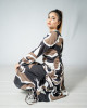FRONT DRAWSTRING BROWN AND BLACK PRINTED DRESS 