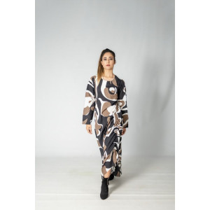 FRONT DRAWSTRING BROWN AND BLACK PRINTED DRESS 