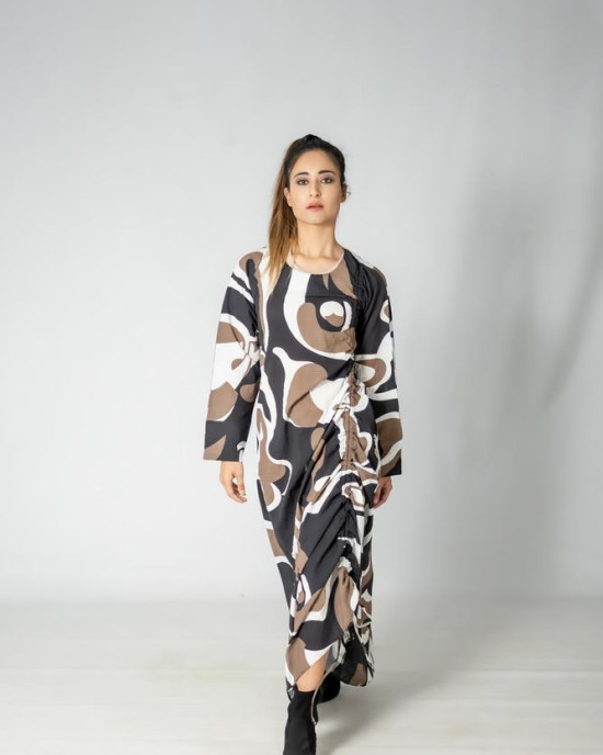 FRONT DRAWSTRING BROWN AND BLACK PRINTED DRESS 
