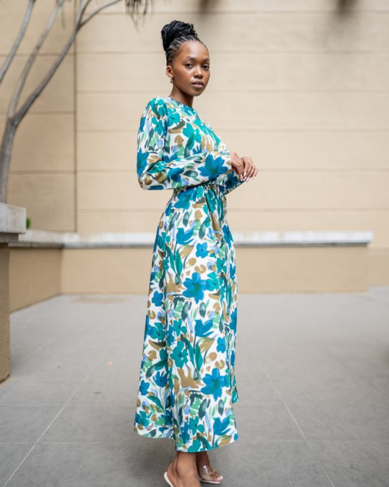 SIDE KNOT BLUE PRINTED DRESS