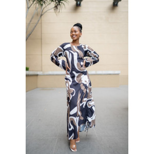 FRONT DRAWSTRING BROWN AND BLACK PRINTED DRESS 