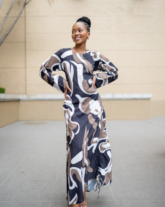 FRONT DRAWSTRING BROWN AND BLACK PRINTED DRESS 