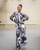 FRONT DRAWSTRING BROWN AND BLACK PRINTED DRESS 