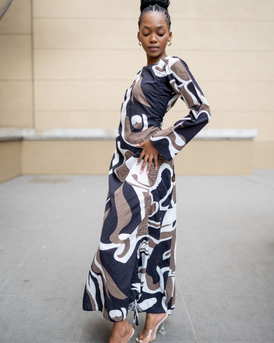 FRONT DRAWSTRING BROWN AND BLACK PRINTED DRESS 