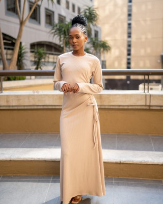 BEIGE SIDE DRAW STRING DRESS  LONG SLEEVE 