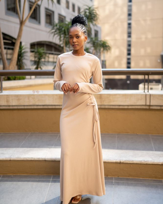 BEIGE SIDE DRAW STRING DRESS  LONG SLEEVE 