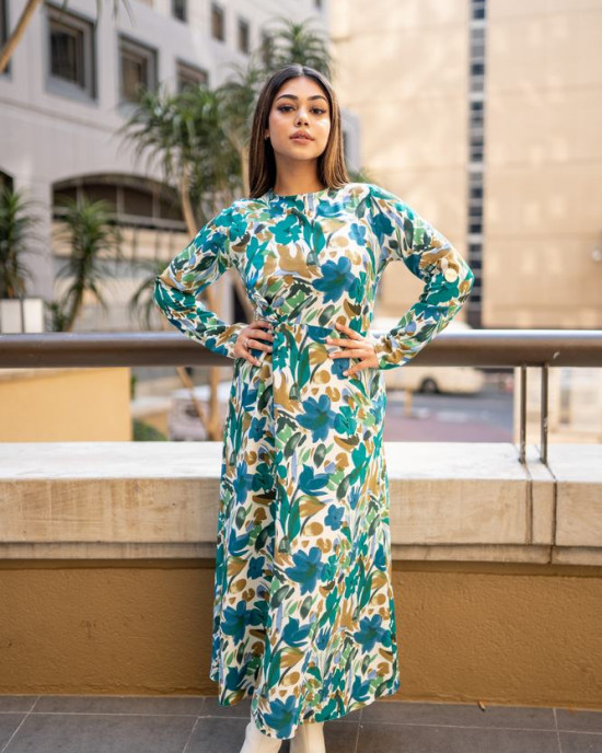 SIDE KNOT BLUE PRINTED DRESS